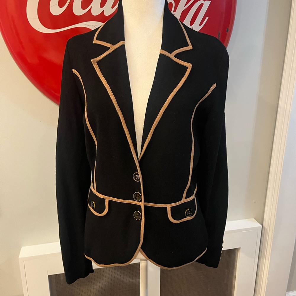 Caché Vintage Contour Collection  Black Knit Blazer Tan Trim Women’s size L